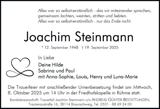 Traueranzeige von Joachim Steinmann von Braunschweiger Zeitung