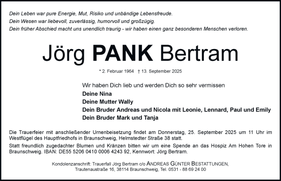 Traueranzeige von Jörg Bertram von Braunschweiger Zeitung