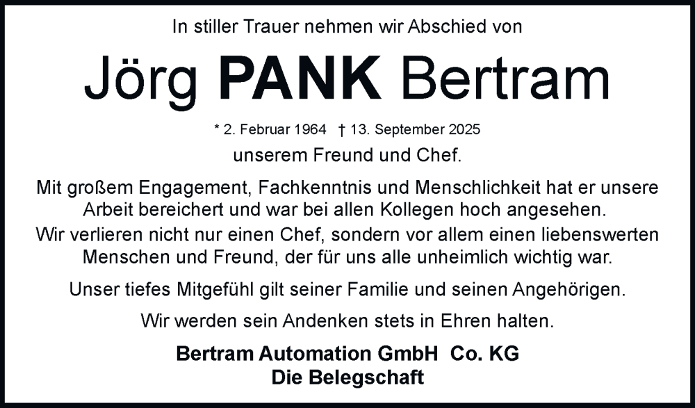  Traueranzeige für Jörg Bertram vom 20.09.2025 aus Braunschweiger Zeitung
