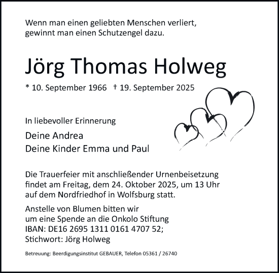 Traueranzeige von Jörg Thomas Holweg von Braunschweiger Zeitung, Wolfsburger Nachrichten