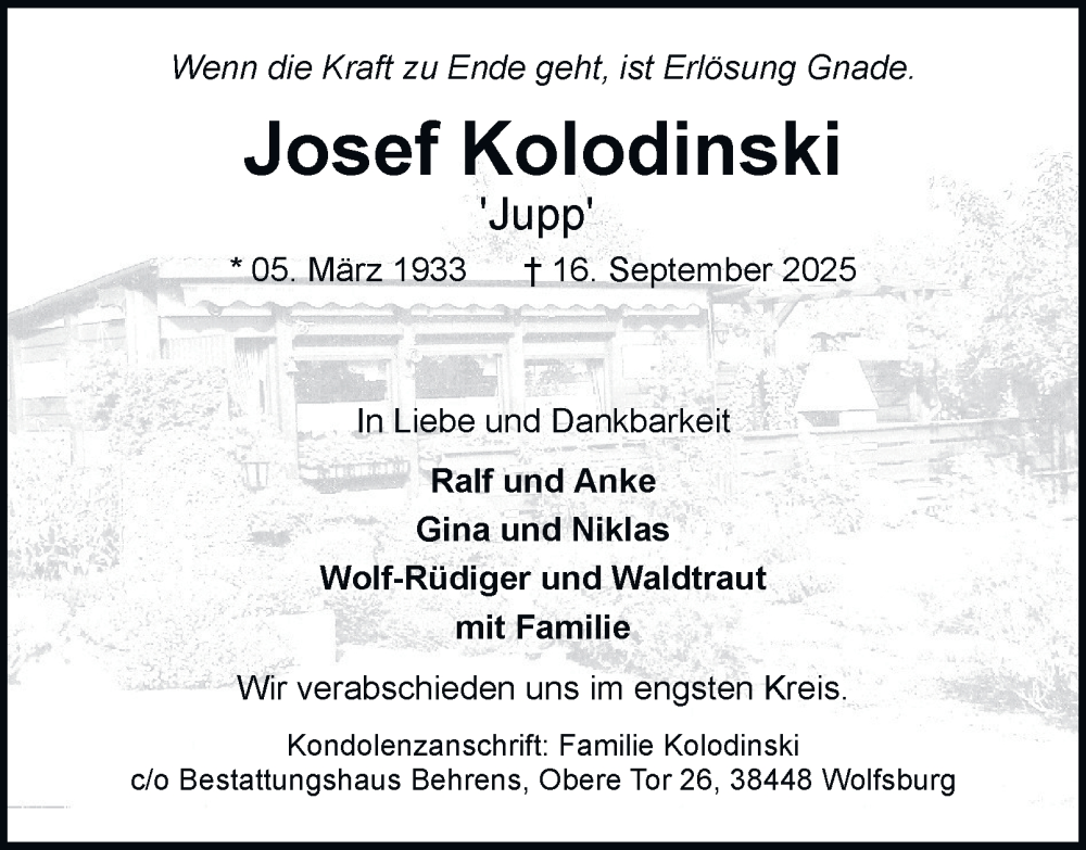  Traueranzeige für Josef Kolodinski vom 27.09.2025 aus Braunschweiger Zeitung, Wolfsburger Nachrichten