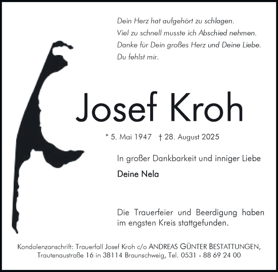 Traueranzeige von Josef Kroh von Braunschweiger Zeitung