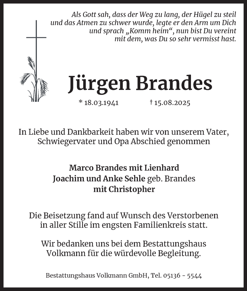  Traueranzeige für Jürgen Brandes vom 13.09.2025 aus Peiner Nachrichten