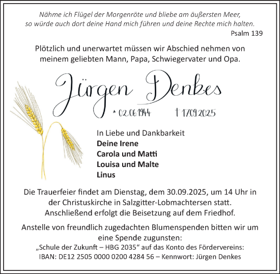 Traueranzeige von Jürgen Denkes von Salzgitter-Zeitung