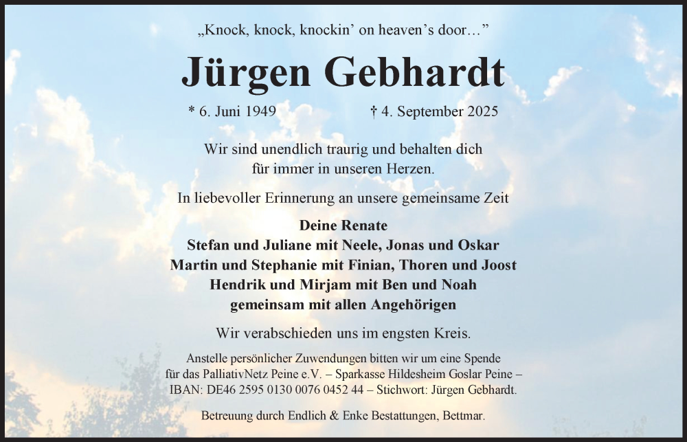  Traueranzeige für Jürgen Gebhardt vom 13.09.2025 aus Braunschweiger Zeitung