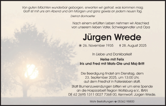 Traueranzeige von Jürgen Wrede von Braunschweiger Zeitung, Wolfsburger Nachrichten