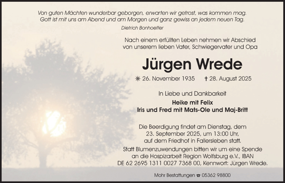  Traueranzeige für Jürgen Wrede vom 13.09.2025 aus Braunschweiger Zeitung, Wolfsburger Nachrichten