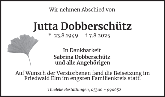 Traueranzeige von Jutta Dobberschütz von Braunschweiger Zeitung, Wolfsburger Nachrichten