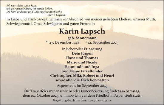 Traueranzeige von Karin Lapsch von Braunschweiger Zeitung