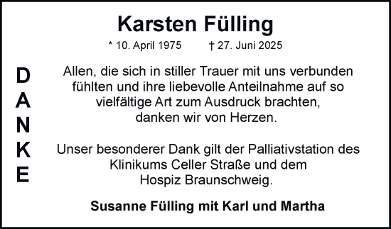Traueranzeige von Karsten Fülling von Braunschweiger Zeitung