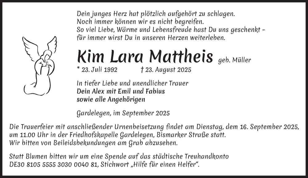  Traueranzeige für Kim Lara Mattheis vom 11.09.2025 aus Braunschweiger Zeitung, Wolfsburger Nachrichten