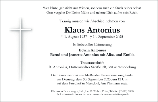 Traueranzeige von Klaus Antonius von Peiner Nachrichten