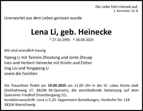 Traueranzeige von Lena Li von Braunschweiger Zeitung