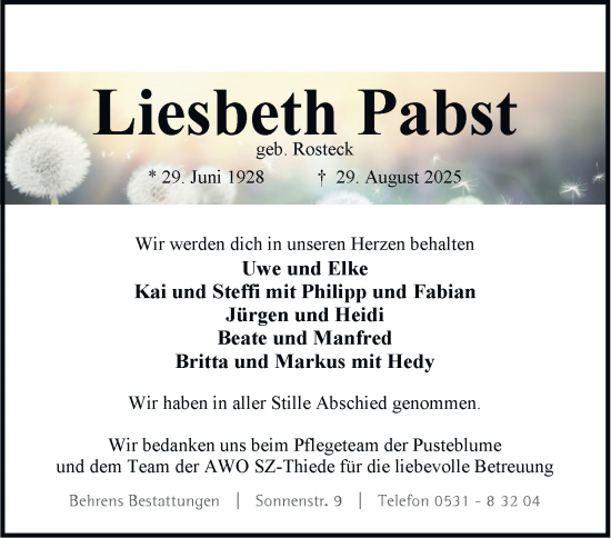 Traueranzeige von Liesbeth Pabst von Braunschweiger Zeitung