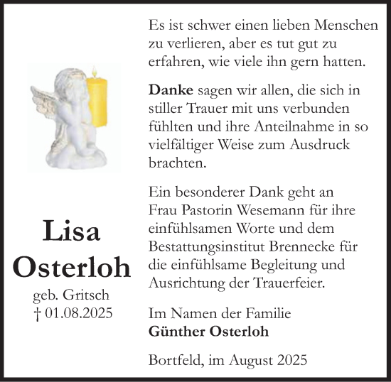 Traueranzeige von Lisa Osterloh von Peiner Nachrichten