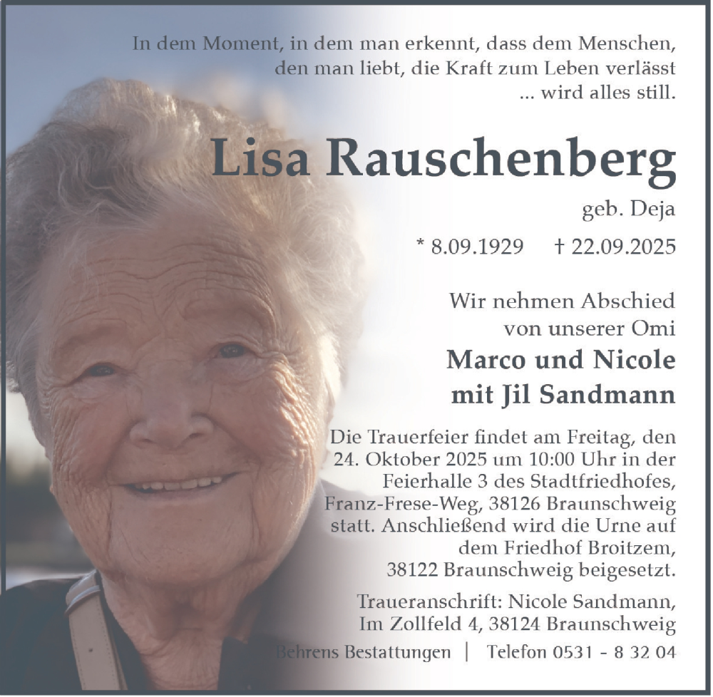  Traueranzeige für Lisa Rauschenberg vom 27.09.2025 aus Braunschweiger Zeitung