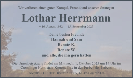 Traueranzeige von Lothar Herrmann von Braunschweiger Zeitung