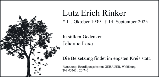 Traueranzeige von Lutz Erich Rinker von Braunschweiger Zeitung, Wolfsburger Nachrichten