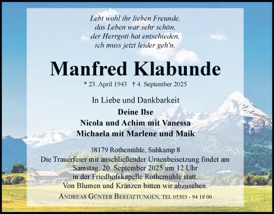 Traueranzeige von Manfred Klabunde von Braunschweiger Zeitung