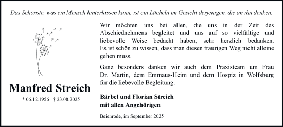 Traueranzeige von Manfred Streich von Helmstedter Nachrichten