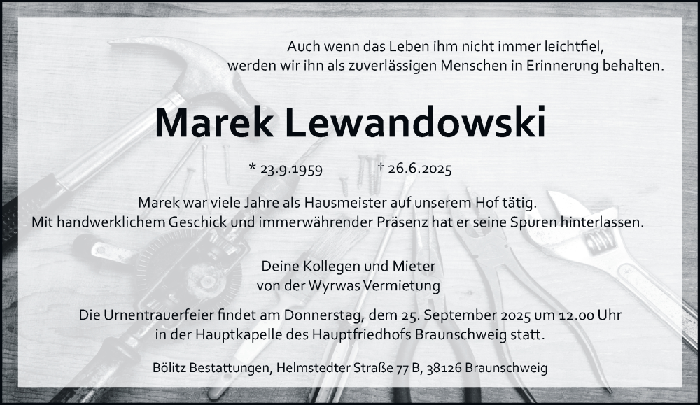  Traueranzeige für Marek Lewandowski vom 20.09.2025 aus Braunschweiger Zeitung