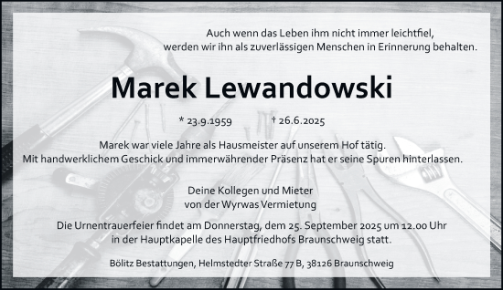 Traueranzeige von Marek Lewandowski von Braunschweiger Zeitung