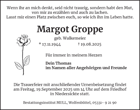 Traueranzeige von Margot Groppe von Wolfenbütteler Zeitung