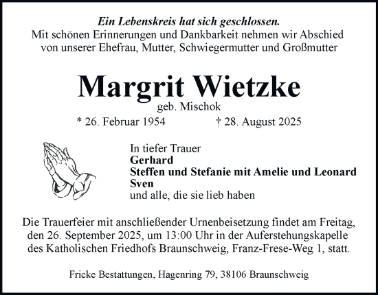 Traueranzeige von Margrit Wietzke von Braunschweiger Zeitung