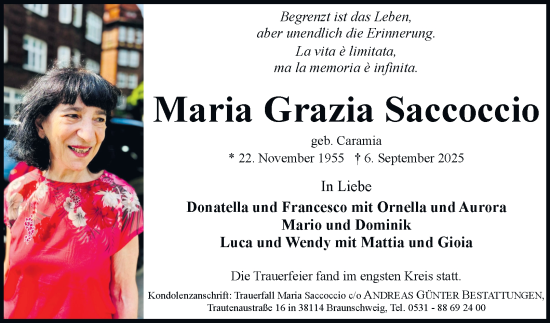 Traueranzeige von Maria Grazia Saccoccio von Braunschweiger Zeitung