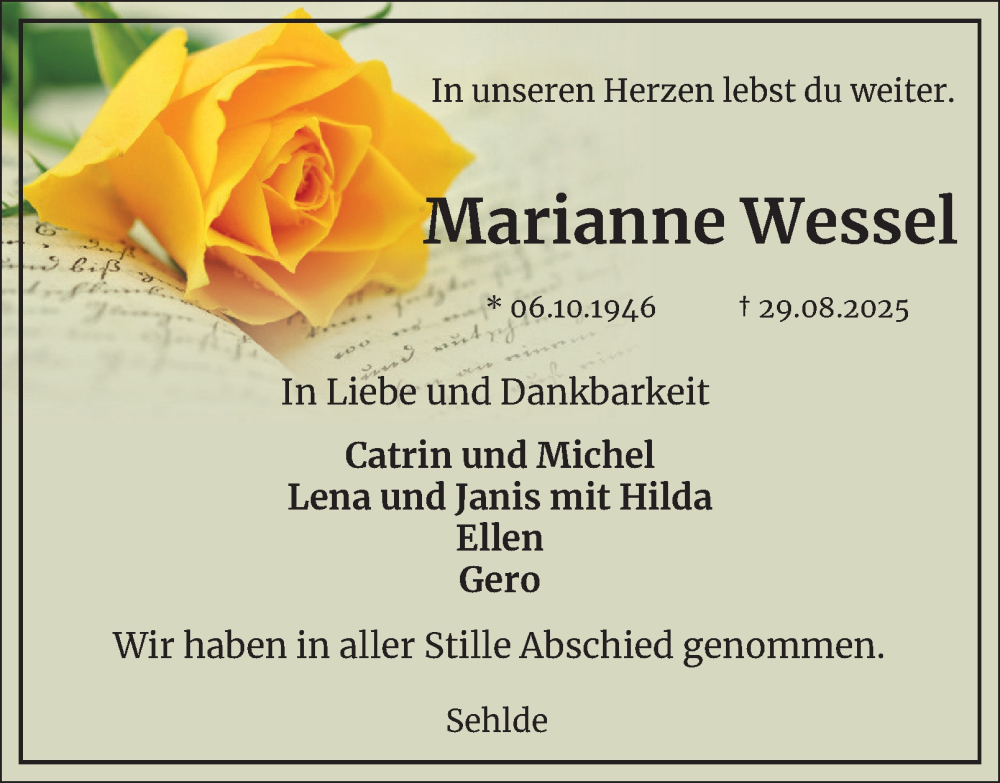  Traueranzeige für Marianne Wessel vom 20.09.2025 aus Braunschweiger Zeitung