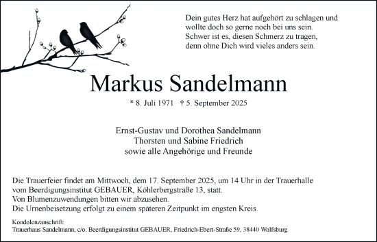 Traueranzeige von Markus Sandelmann von Braunschweiger Zeitung, Wolfsburger Nachrichten