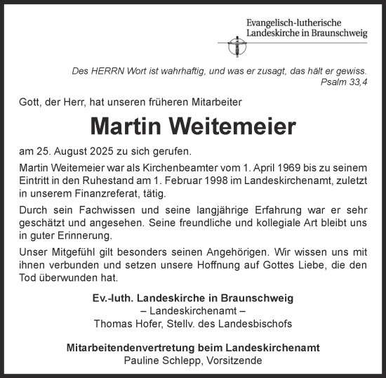 Traueranzeige von Martin Weitemeier von Wolfenbütteler Zeitung