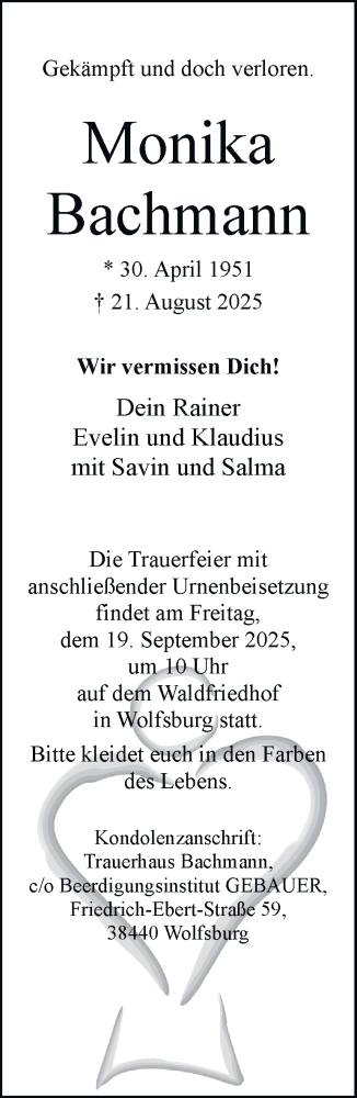 Traueranzeige von Monika Bachmann von Braunschweiger Zeitung, Wolfsburger Nachrichten