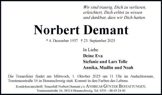 Traueranzeige von Norbert Demant von Braunschweiger Zeitung