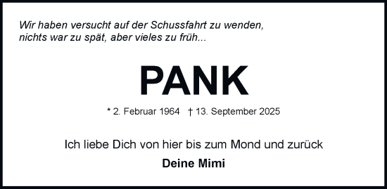 Traueranzeige von Pank  von Braunschweiger Zeitung