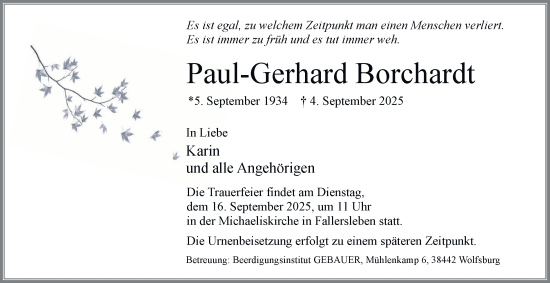 Traueranzeige von Paul-Gerhard Borchardt von Braunschweiger Zeitung, Wolfsburger Nachrichten