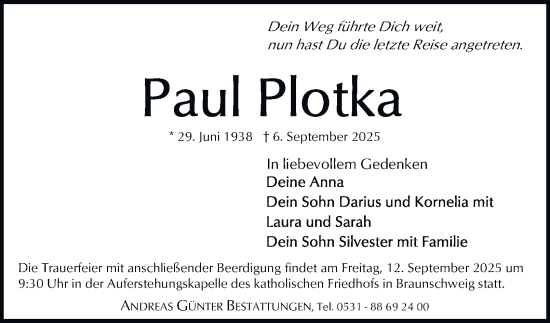 Traueranzeige von Paul Plotka von Braunschweiger Zeitung