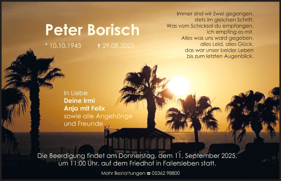 Traueranzeige von Peter Borisch von Braunschweiger Zeitung, Wolfsburger Nachrichten