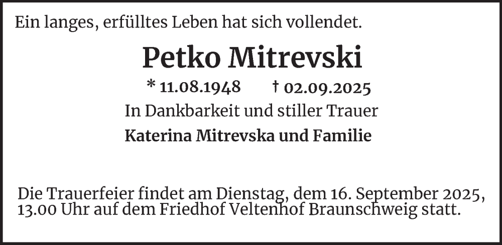  Traueranzeige für Petko Mitrevski vom 13.09.2025 aus Neue Braunschweiger am Samstag