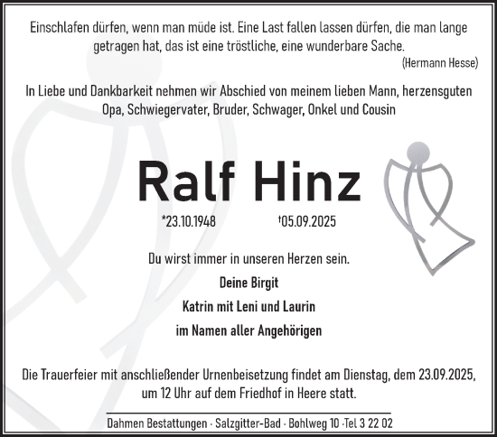 Traueranzeige von Ralf Hinz von Salzgitter-Zeitung