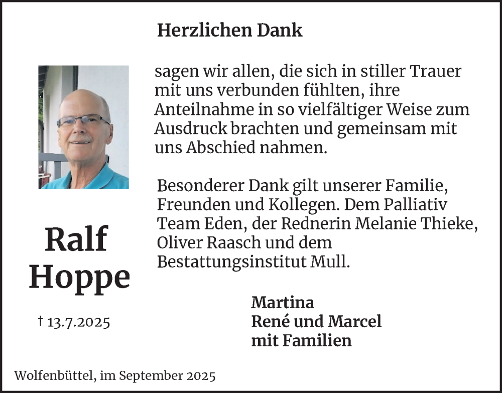  Traueranzeige für Ralf Hoppe vom 06.09.2025 aus Wolfenbütteler Zeitung