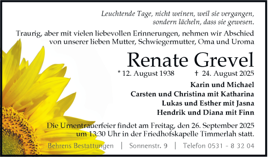 Traueranzeige von Renate Grevel von Braunschweiger Zeitung