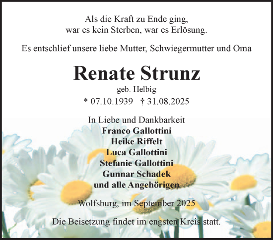 Traueranzeige von Renate Strunz von Braunschweiger Zeitung, Wolfsburger Nachrichten