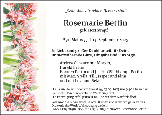 Traueranzeige von Rosemarie Bettin von Braunschweiger Zeitung, Wolfsburger Nachrichten