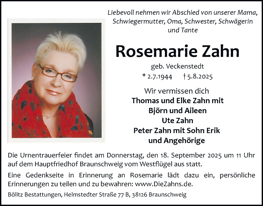  Traueranzeige für Rosemarie Zahn vom 13.09.2025 aus Braunschweiger Zeitung