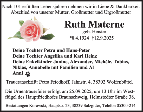 Traueranzeige von Ruth Materne von Braunschweiger Zeitung