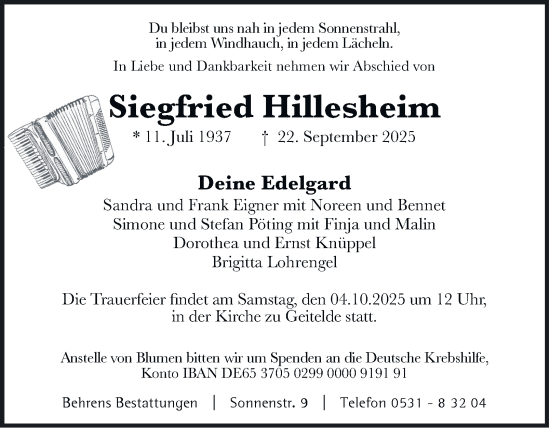 Traueranzeige von Siegfried Hillesheim von Braunschweiger Zeitung