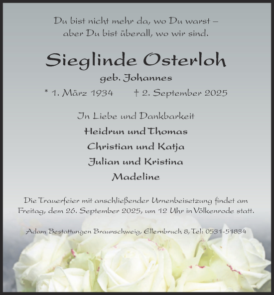 Traueranzeige von Sieglinde Osterloh von Braunschweiger Zeitung