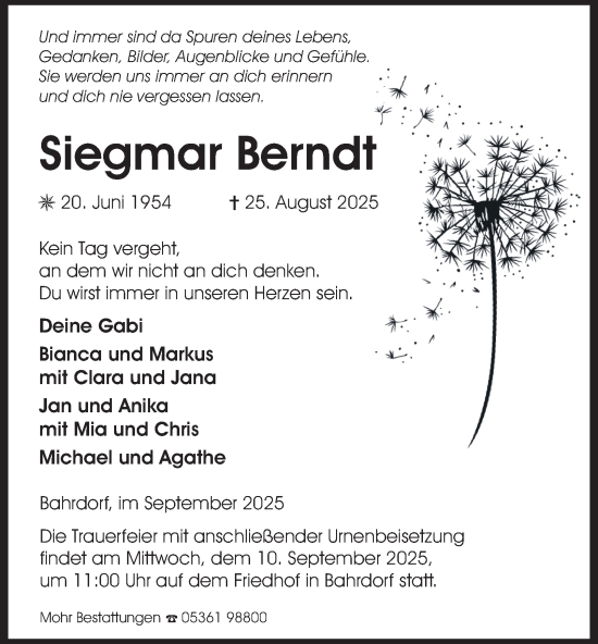 Traueranzeige von Siegmar Berndt von Helmstedter Nachrichten