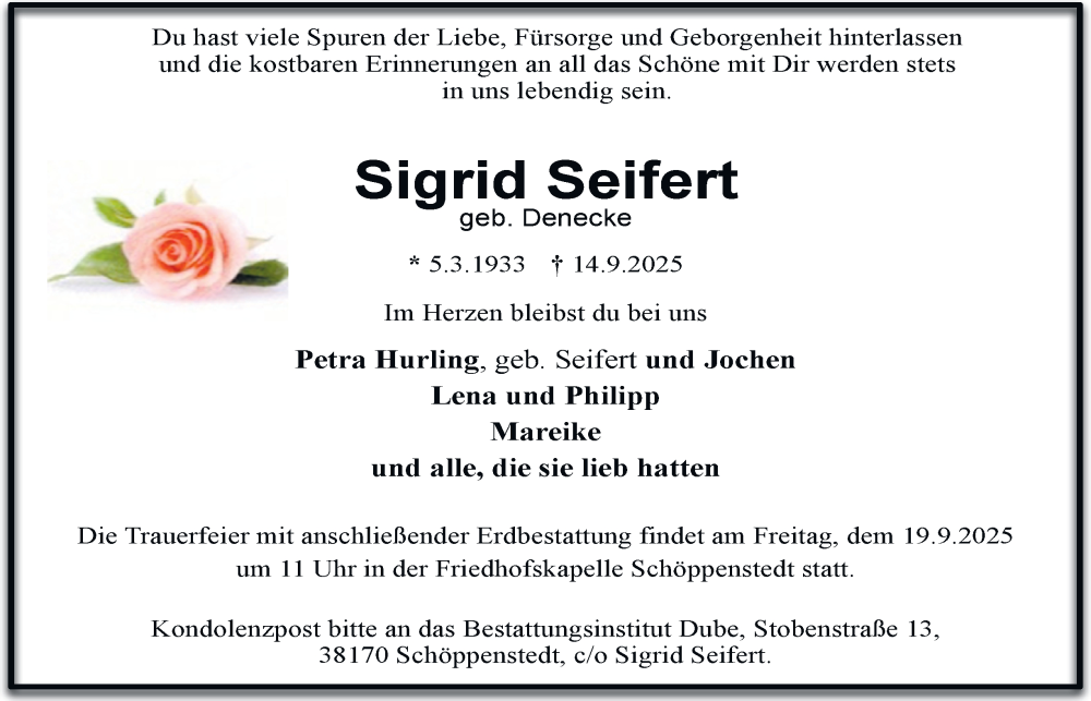  Traueranzeige für Sigrid Seifert vom 17.09.2025 aus Wolfenbütteler Zeitung
